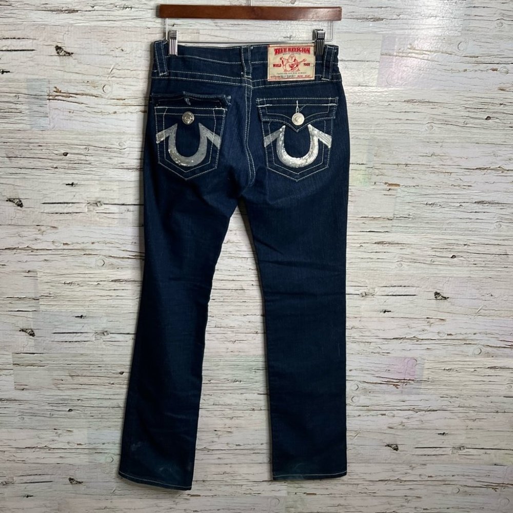TRUE RELIGION Billy Super T Low Rise Boot Straight Leg Size 27 Sparkly silver